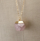 Faceted Dodecahedron Rose Quartz Pendant Long Gold Necklace