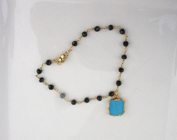 Turquoise Charm with Black Spinel Beaded Gold Chain - Handmade Magnetic Bracelet