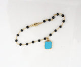 Turquoise Charm with Black Spinel Beaded Gold Chain - Handmade Magnetic Bracelet