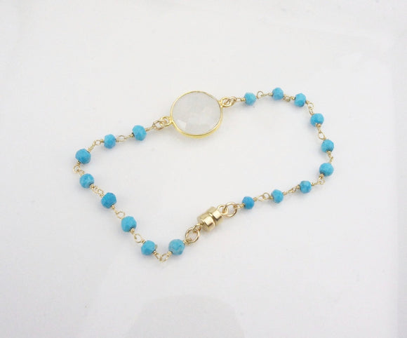 Moonstone with Turquoise Beaded Gold Chain - Handmade Magnetic Bracelet