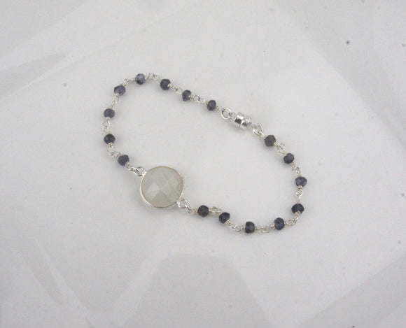 Moonstone and Iolite Beaded Silver Chain - Handmade Magnetic Bracelet