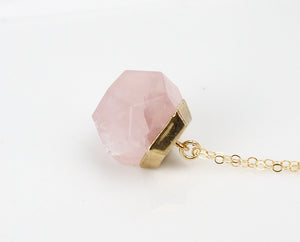 Faceted Dodecahedron Rose Quartz Pendant Long Gold Necklace