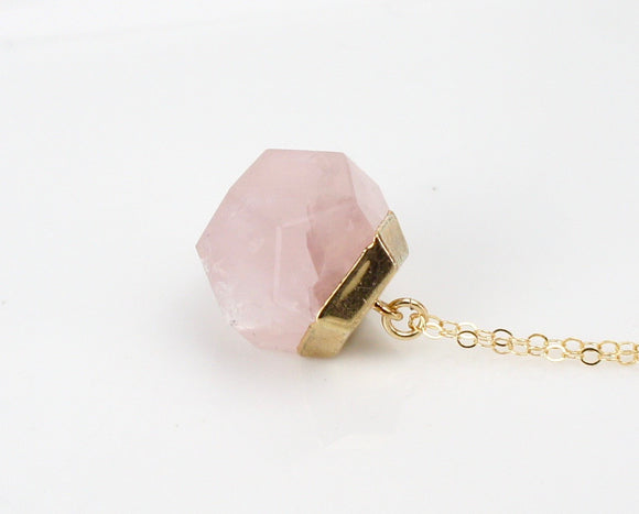 Faceted Dodecahedron Rose Quartz Pendant Long Gold Necklace