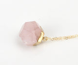 Faceted Dodecahedron Rose Quartz Pendant Long Gold Necklace