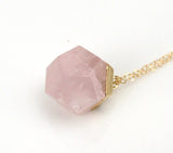 Faceted Dodecahedron Rose Quartz Pendant Long Gold Necklace