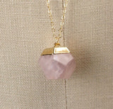 Faceted Dodecahedron Rose Quartz Pendant Long Gold Necklace