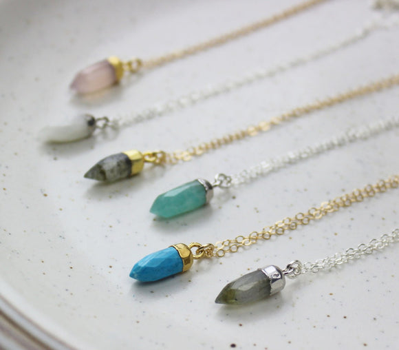 Handmade Tiny Spike Short Pendant Necklaces - Rose Quartz, Moonstone, Labradorite, Amazonite, Turquoise