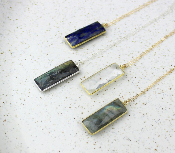 Handmade Faceted Bar Long Pendant Necklaces - Labradorite, Crystal Quartz, Lapis Lazuli